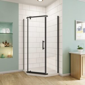 sunny shower door 36.7 in. x 71.8 in. frameless neo-angle pivot shower doors in black finish, 1/4 in. clear glass corner shower enclosure