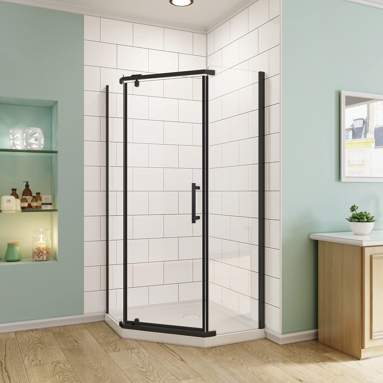 SUNNY Shower Door 36.7 in. x 71.8 in. Frameless Neo-Angle Pivot Shower Doors in Black Finish, 1/4 in. Clear Glass Corner Shower Enclosure