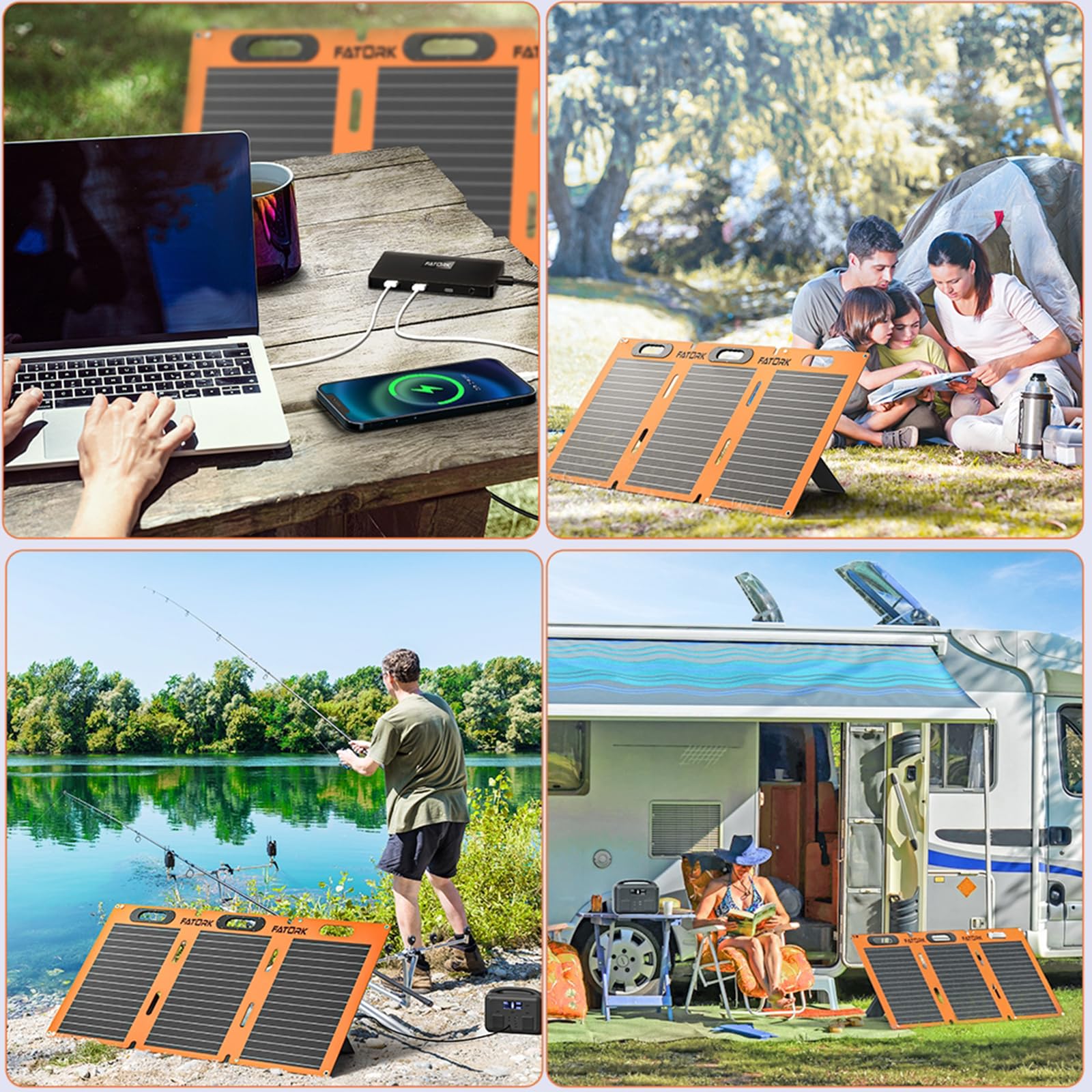 100W Solar Panels, FATORK Portable Solar Panel Kit Foldable 3-in-1 Output Cords Solar Panel Charger with Adjustable Foot Pedal for Homes, Camping, RV, Fishing