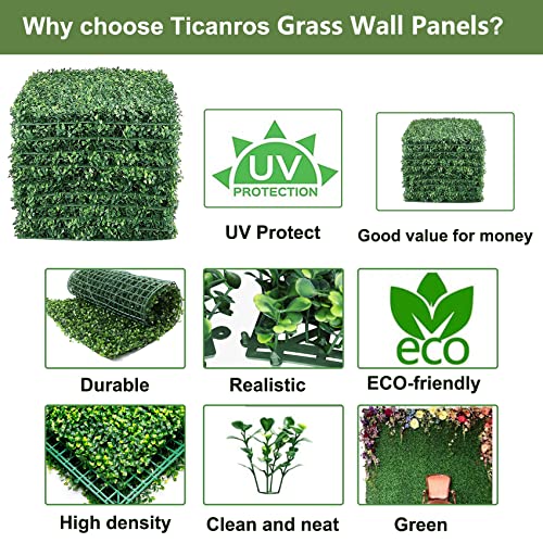 Ticanros Grass Wall Panel 12 Pack 20"x20" Artificial Boxwood Hedge Plant Wall, Greenery Walls, Artificial Grass Backdrop, Privacy Hedge Screen Faux Boxwood for Outdoor,Indoor,Garden,Fence,Backyard