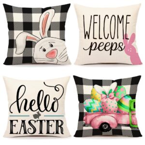 easter outdoor pillow covers, 18 x 18 inch set of 4 waterproof throw pillow cases, bunny cushion decor for home outside patio front porch house farmhouse b