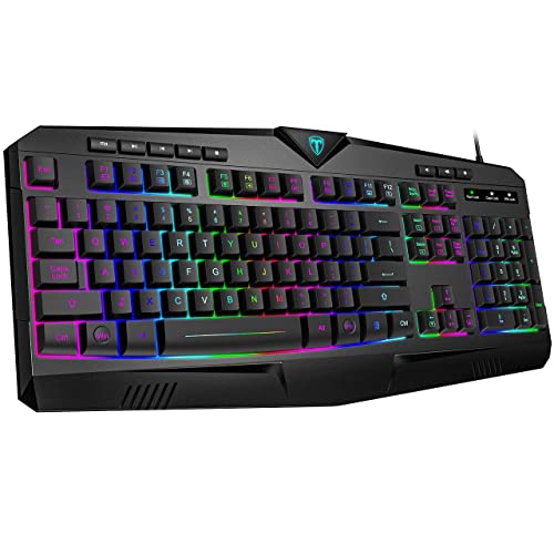 Dacoity Gaming Keyboard, Full Size RGB Backlit Quiet Computer Keyboard, Wrist Rest, Silent Keys, Multimedia Keys, Anti-ghosting, Waterproof Light Up USB Wired Keyboard for PC Mac Xbox Gamer Office