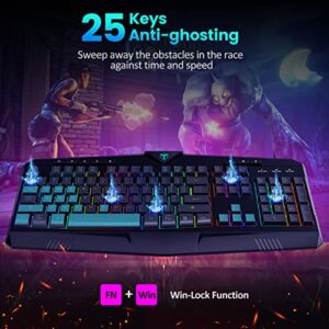 Dacoity Gaming Keyboard, Full Size RGB Backlit Quiet Computer Keyboard, Wrist Rest, Silent Keys, Multimedia Keys, Anti-ghosting, Waterproof Light Up USB Wired Keyboard for PC Mac Xbox Gamer Office