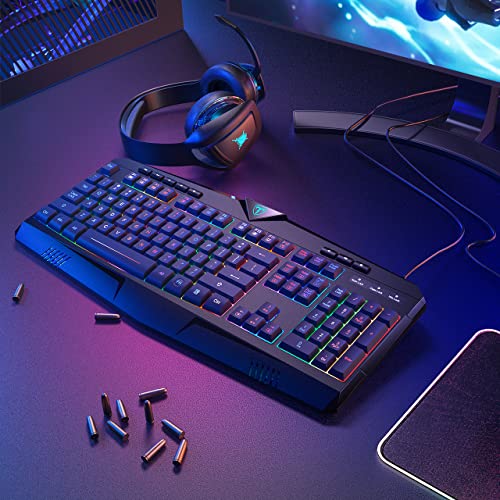 Dacoity Gaming Keyboard, Full Size RGB Backlit Quiet Computer Keyboard, Wrist Rest, Silent Keys, Multimedia Keys, Anti-ghosting, Waterproof Light Up USB Wired Keyboard for PC Mac Xbox Gamer Office