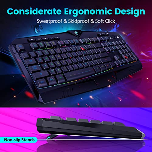 Dacoity Gaming Keyboard, Full Size RGB Backlit Quiet Computer Keyboard, Wrist Rest, Silent Keys, Multimedia Keys, Anti-ghosting, Waterproof Light Up USB Wired Keyboard for PC Mac Xbox Gamer Office