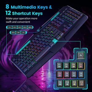 Dacoity Gaming Keyboard, Full Size RGB Backlit Quiet Computer Keyboard, Wrist Rest, Silent Keys, Multimedia Keys, Anti-ghosting, Waterproof Light Up USB Wired Keyboard for PC Mac Xbox Gamer Office