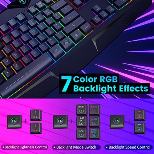 Dacoity Gaming Keyboard, Full Size RGB Backlit Quiet Computer Keyboard, Wrist Rest, Silent Keys, Multimedia Keys, Anti-ghosting, Waterproof Light Up USB Wired Keyboard for PC Mac Xbox Gamer Office