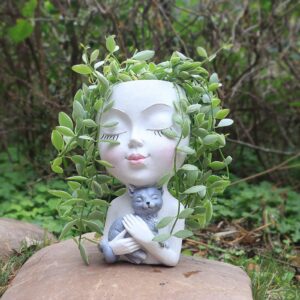 face planter pot head planter - cute lady face hugging a cat plant pots for indoor and outdoor plants, resin succulent planters with drainage hole，diy gifts for family and friends