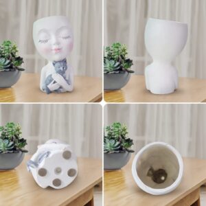 Face Planter Pot Head Planter - Cute Lady Face Hugging a Cat Plant Pots for Indoor and Outdoor Plants, Resin Succulent Planters with Drainage Hole，DIY Gifts for Family and Friends