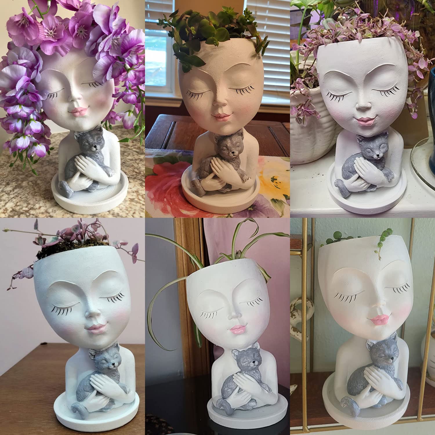 Face Planter Pot Head Planter - Cute Lady Face Hugging a Cat Plant Pots for Indoor and Outdoor Plants, Resin Succulent Planters with Drainage Hole，DIY Gifts for Family and Friends