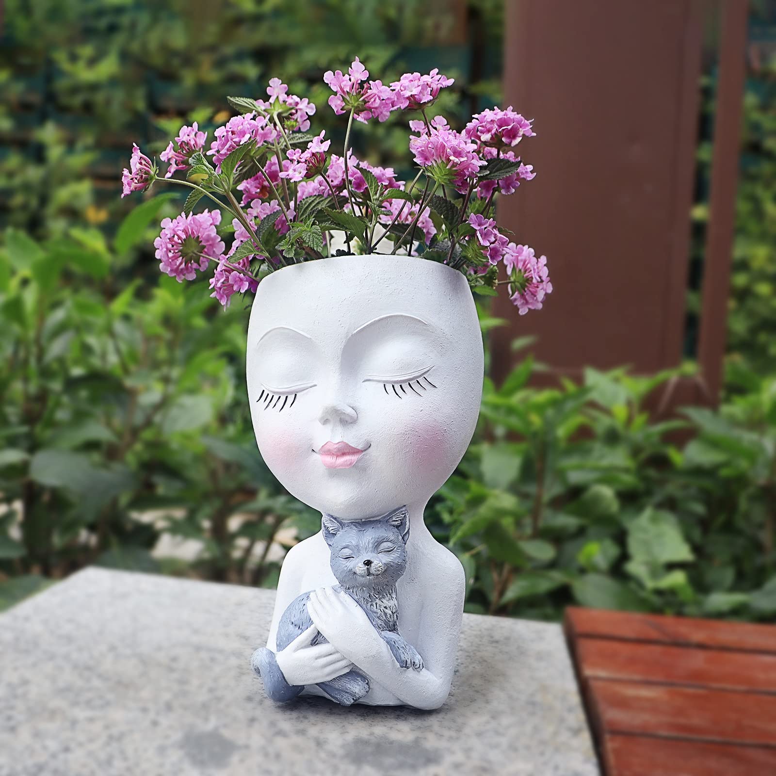 Face Planter Pot Head Planter - Cute Lady Face Hugging a Cat Plant Pots for Indoor and Outdoor Plants, Resin Succulent Planters with Drainage Hole，DIY Gifts for Family and Friends