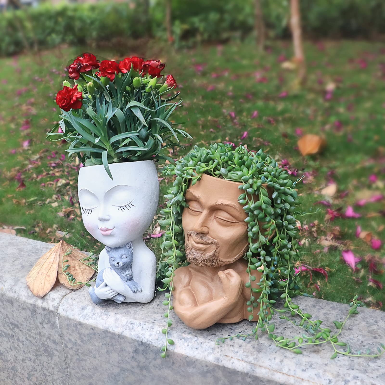 Face Planter Pot Head Planter - Cute Lady Face Hugging a Cat Plant Pots for Indoor and Outdoor Plants, Resin Succulent Planters with Drainage Hole，DIY Gifts for Family and Friends