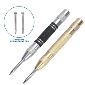 DLJZGC 2 Pack Automatic Center Punch, 5 inch Heavy Duty Steel Spring Loaded Center Punch with Adjustable Impact, Center Hole Punch Tool for Metal Wood Glass Plastic, Two Replacement Tips Included