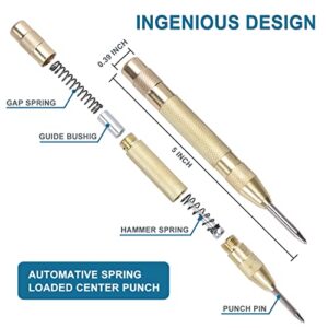 DLJZGC 2 Pack Automatic Center Punch, 5 inch Heavy Duty Steel Spring Loaded Center Punch with Adjustable Impact, Center Hole Punch Tool for Metal Wood Glass Plastic, Two Replacement Tips Included