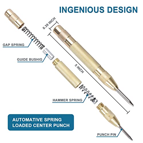 DLJZGC 2 Pack Automatic Center Punch, 5 inch Heavy Duty Steel Spring Loaded Center Punch with Adjustable Impact, Center Hole Punch Tool for Metal Wood Glass Plastic, Two Replacement Tips Included