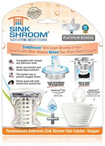 sinkshroom revolutionary bathroom sink drain protector hair catcher, strainer, snare, white chrome with stopper