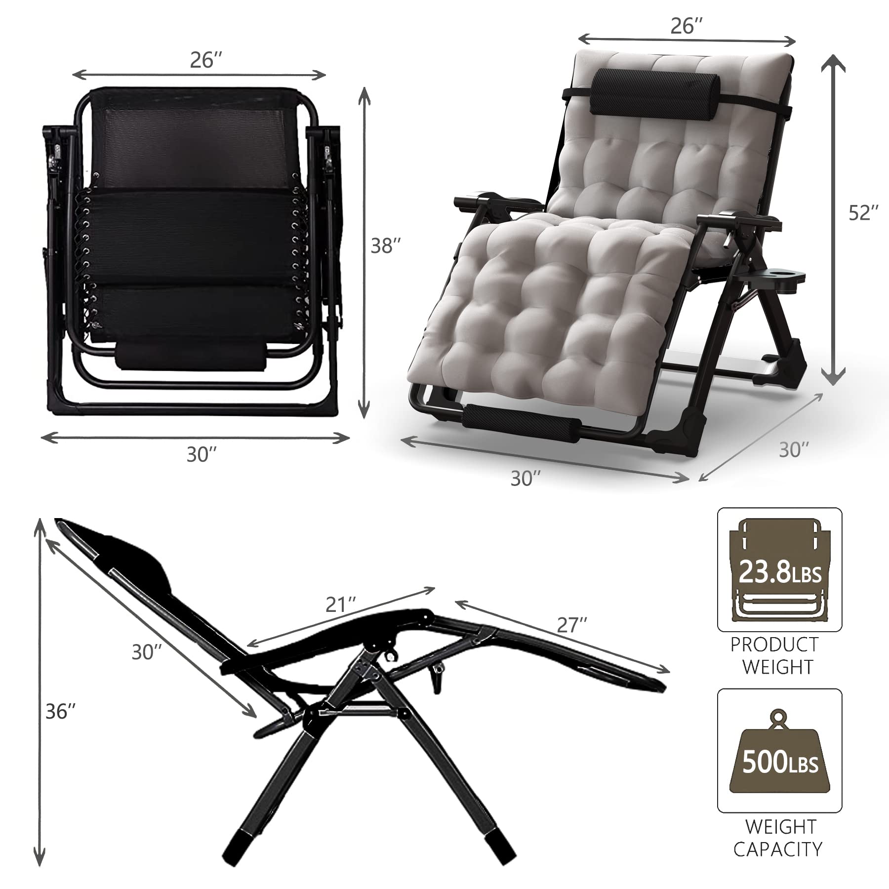 soliles Oversized XXL 33 in Zero Gravity Chair, Reclining Lounge Chair with Removable Cushion & Tray for Indoor and Outdoor, Ergonomic Patio Recliner Folding Reclining Chair