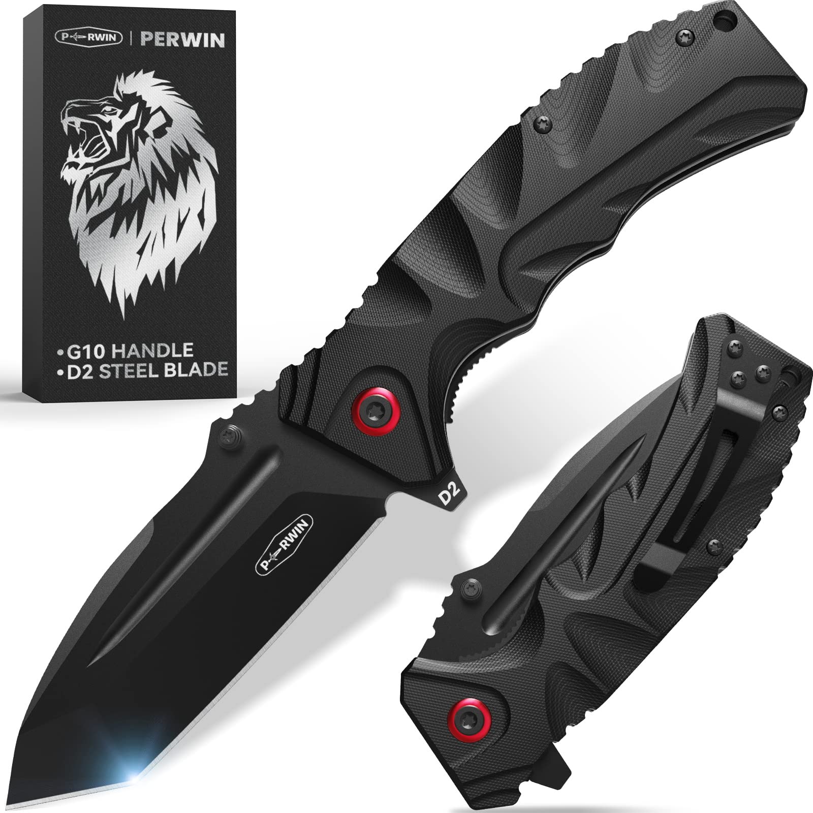 PERWIN Pocket Knife - 4” D2 Steel Blade G10 Handle Folding Knife with Pocket Clip, One-handed Flipper Opening, Gifts for Men Dad Husband