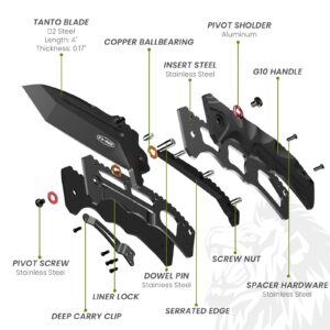 PERWIN Pocket Knife - 4” D2 Steel Blade G10 Handle Folding Knife with Pocket Clip, One-handed Flipper Opening, Gifts for Men Dad Husband