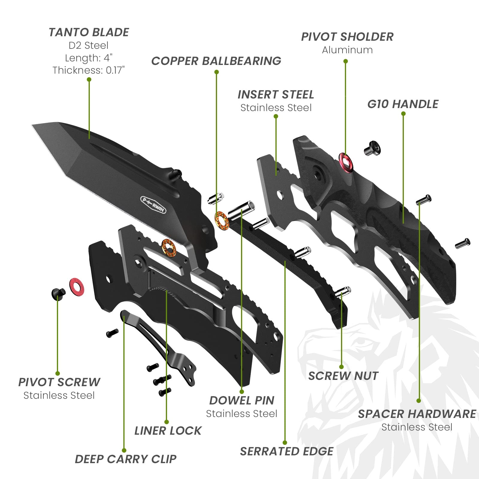 PERWIN Pocket Knife - 4” D2 Steel Blade G10 Handle Folding Knife with Pocket Clip, One-handed Flipper Opening, Gifts for Men Dad Husband