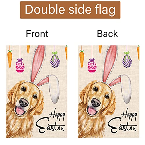 Happy Easter Garden Flag 12x18 Double Sided Burlap, Small Vertical Golden Retriever Dog with Rabbit Ear Garden Yard Flags for Spring Easter Decoration (Only Flag)