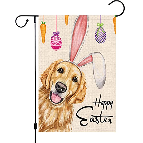 Happy Easter Garden Flag 12x18 Double Sided Burlap, Small Vertical Golden Retriever Dog with Rabbit Ear Garden Yard Flags for Spring Easter Decoration (Only Flag)