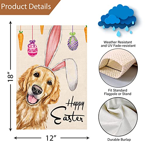 Happy Easter Garden Flag 12x18 Double Sided Burlap, Small Vertical Golden Retriever Dog with Rabbit Ear Garden Yard Flags for Spring Easter Decoration (Only Flag)