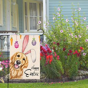 Happy Easter Garden Flag 12x18 Double Sided Burlap, Small Vertical Golden Retriever Dog with Rabbit Ear Garden Yard Flags for Spring Easter Decoration (Only Flag)