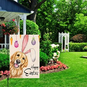 Happy Easter Garden Flag 12x18 Double Sided Burlap, Small Vertical Golden Retriever Dog with Rabbit Ear Garden Yard Flags for Spring Easter Decoration (Only Flag)