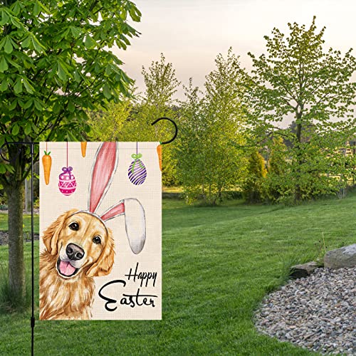 Happy Easter Garden Flag 12x18 Double Sided Burlap, Small Vertical Golden Retriever Dog with Rabbit Ear Garden Yard Flags for Spring Easter Decoration (Only Flag)