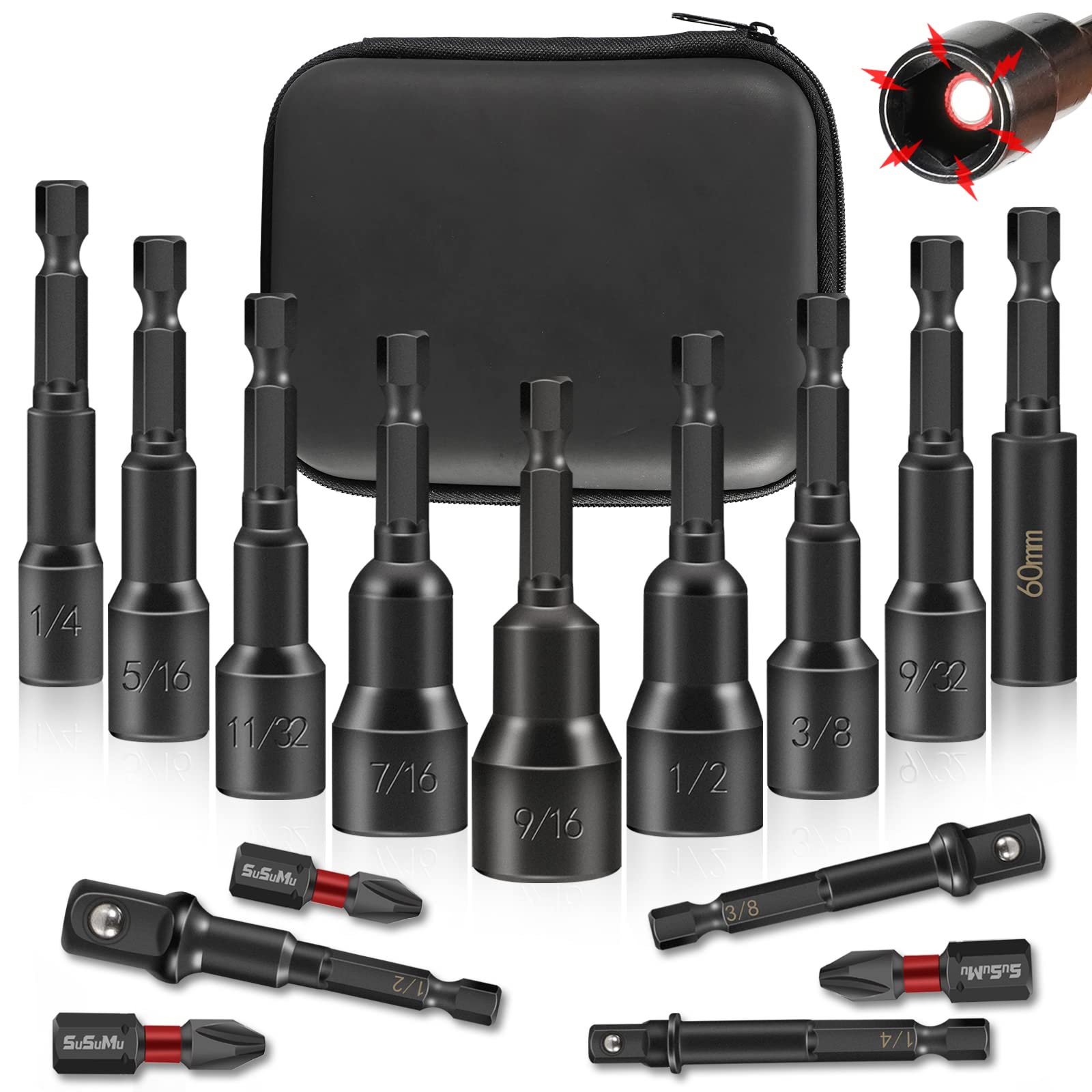 15PCS Impact Rated Magnetic SAE Nut Driver Set with Socket Adapter and Phillips Screwdriver Drill Bits,Extension Bit Holder 1/4" Quick Change Hex Shank for Cordless Impact Drive Nuts Or Bolts