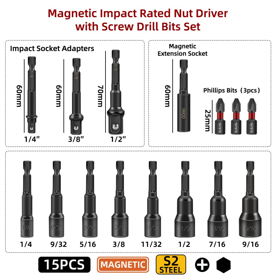 15PCS Impact Rated Magnetic SAE Nut Driver Set with Socket Adapter and Phillips Screwdriver Drill Bits,Extension Bit Holder 1/4" Quick Change Hex Shank for Cordless Impact Drive Nuts Or Bolts