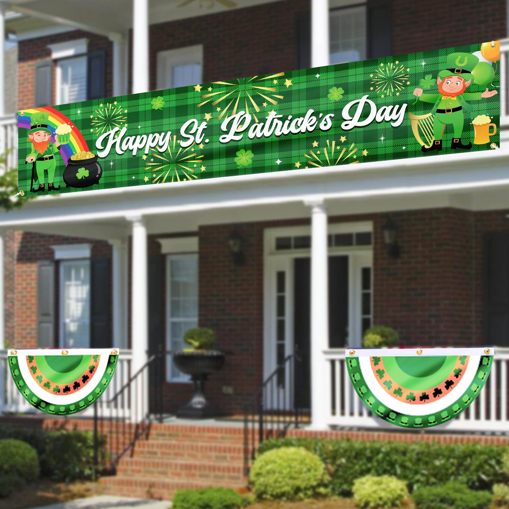 St Patrick's Day Decorations, St Patricks Day Outdoor Hanging Bunting Fan Flags, Large St Patricks Day Fence Banner, Irish Lucky Shamrock St Patricks Day Party Supplies for Garden Patio Parade