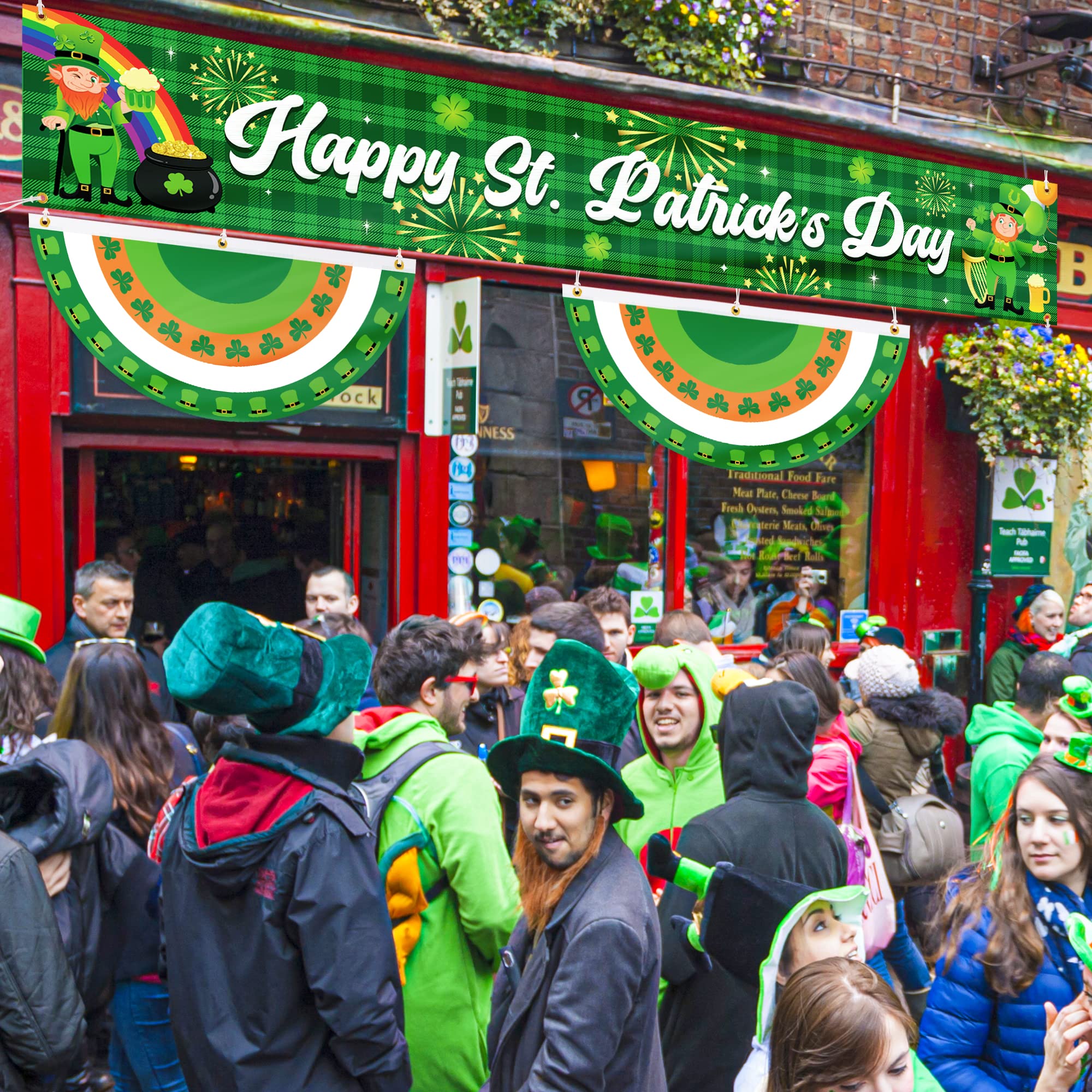 St Patrick's Day Decorations, St Patricks Day Outdoor Hanging Bunting Fan Flags, Large St Patricks Day Fence Banner, Irish Lucky Shamrock St Patricks Day Party Supplies for Garden Patio Parade