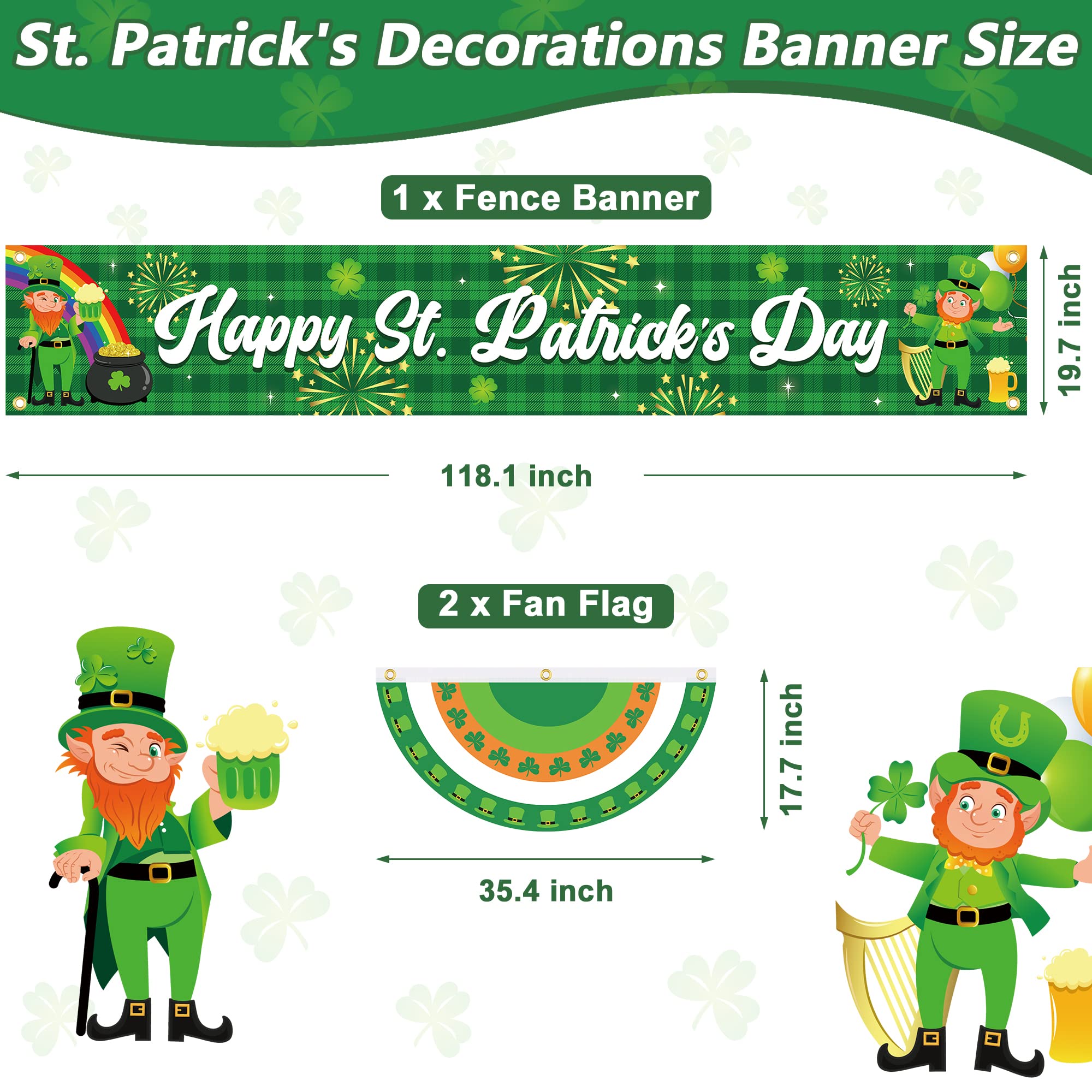 St Patrick's Day Decorations, St Patricks Day Outdoor Hanging Bunting Fan Flags, Large St Patricks Day Fence Banner, Irish Lucky Shamrock St Patricks Day Party Supplies for Garden Patio Parade