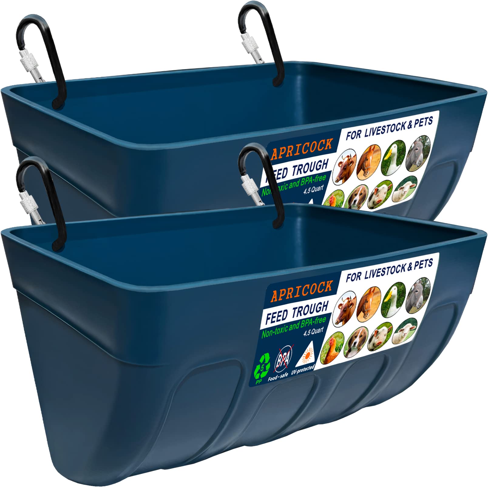 2 Pack Feed Trough and Waterer Bucket with Clips, for Goat Chicken Duck Sheeple Dog Piglets Deer Goose, Turkeys, Goat Feeder Supplies, 4.5 Quart (Appearance Patent Product)