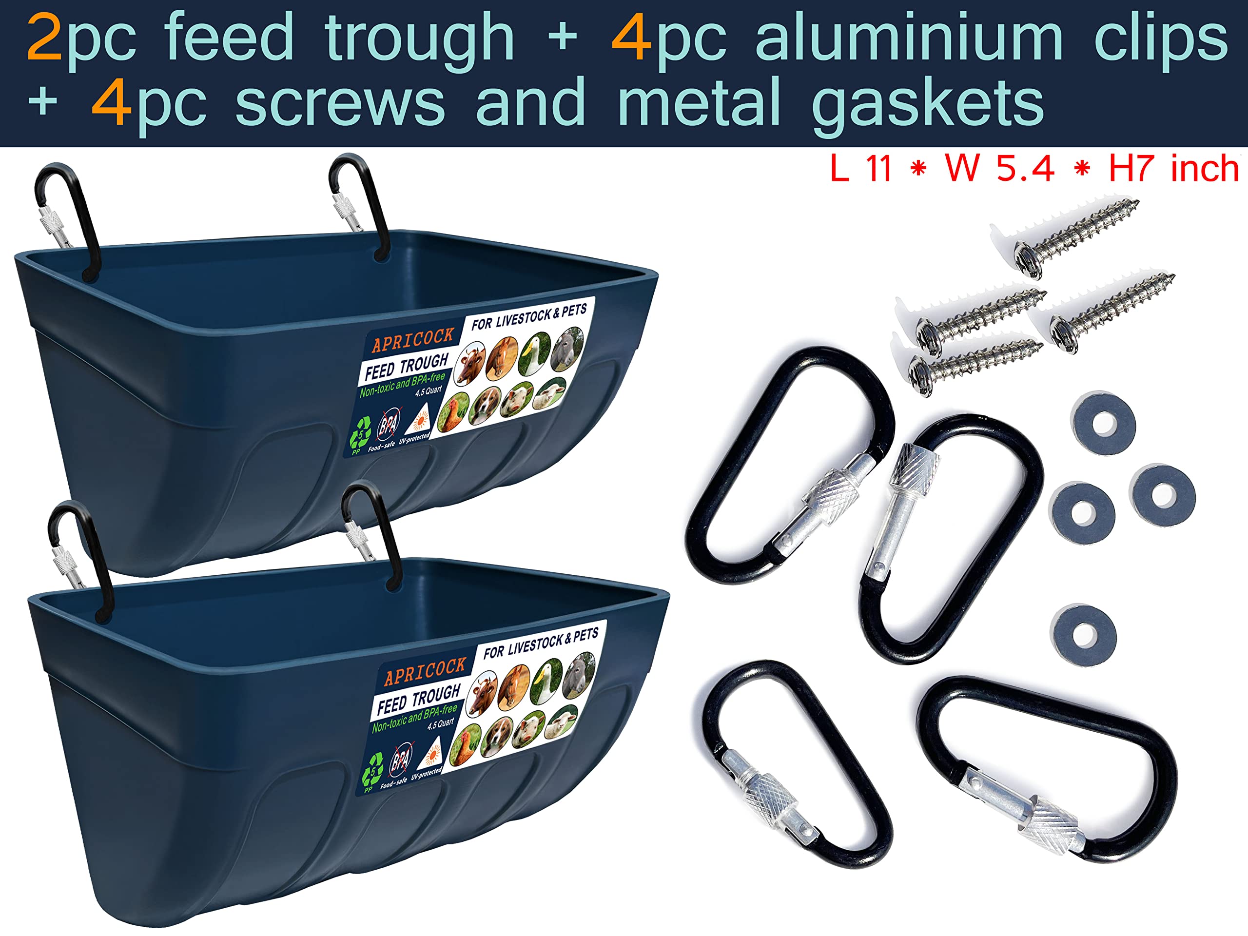 2 Pack Feed Trough and Waterer Bucket with Clips, for Goat Chicken Duck Sheeple Dog Piglets Deer Goose, Turkeys, Goat Feeder Supplies, 4.5 Quart (Appearance Patent Product)