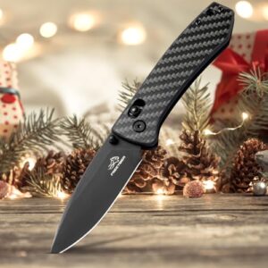 FreeTiger EDC Knife for Men - Folding Pocket Knife D2 Steel Black Titanium Plating, Carbon Fiber Handle, Secure Lock Design for Survival Camping, Gifts for Men