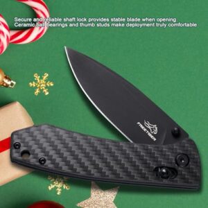 FreeTiger EDC Knife for Men - Folding Pocket Knife D2 Steel Black Titanium Plating, Carbon Fiber Handle, Secure Lock Design for Survival Camping, Gifts for Men