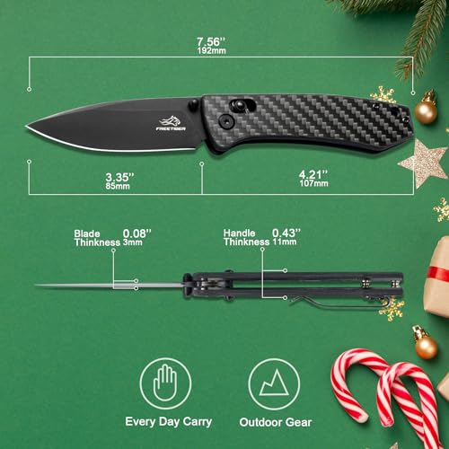 FreeTiger EDC Knife for Men - Folding Pocket Knife D2 Steel Black Titanium Plating, Carbon Fiber Handle, Secure Lock Design for Survival Camping, Gifts for Men