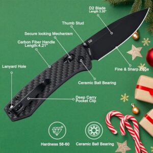 FreeTiger EDC Knife for Men - Folding Pocket Knife D2 Steel Black Titanium Plating, Carbon Fiber Handle, Secure Lock Design for Survival Camping, Gifts for Men