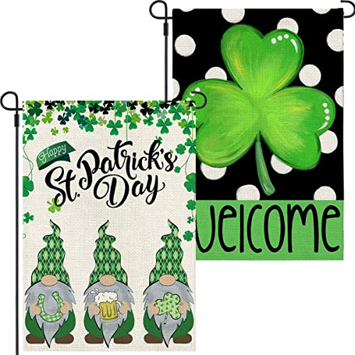 2 Pieces St Patrick's Day Garden Flag Gnome Shamrock 18 x 12 Inch Yard Flag Irish Green Clover Welcome Garden Flag Double Sided Holiday Outside Décor for Yard Farmhouse (Irish gnome shamrock)