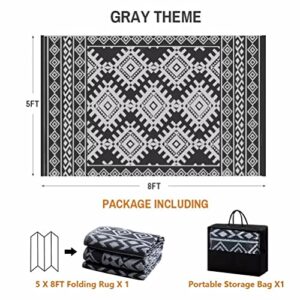 Outdoor Rugs for Patio Clearance - 5'x8' Waterproof Reversible Indoor Outdoor Rug Carpet, Portable Plastic Straw Rug for RV Camping, Picnic, Beach, Porch, Deck(Rug003#,Gray)