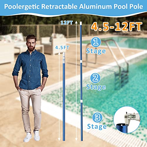 Poolergetic Pool Pole, Telescopic Pool Pole,Thickened Aluminum Pool Pole, Adjustable Length 4.5-12 Feet, Fit Pool Nets,Pool Brushes,Pool Leaf Rakes,Pool Vacuum Heads