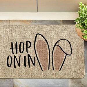 GAGEC Happy Easter Door Mat Hop On in Easter Doormat Cute Bunny Ears Entrance Rugs Spring Farmhouse Indoor Bathroom Home Kitchen Decorations Floor Front Door Mat Outdoor 17 x 27 Inch