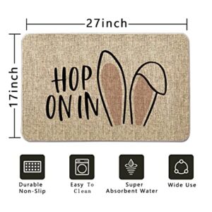 GAGEC Happy Easter Door Mat Hop On in Easter Doormat Cute Bunny Ears Entrance Rugs Spring Farmhouse Indoor Bathroom Home Kitchen Decorations Floor Front Door Mat Outdoor 17 x 27 Inch