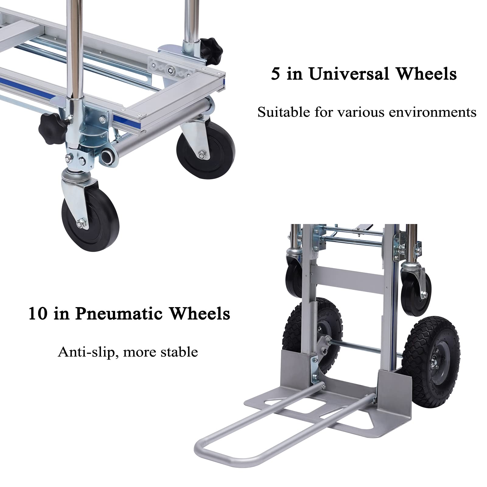 Convertible Hand Truck, 3-in-1 Industrial Aluminum Heavy Duty Dolly Cart, 700 lbs Capacity (3 Positions, 53" High)