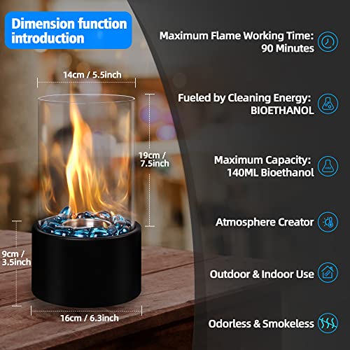 Eufrozy Small Table Top Fire Pit Bowl Indoor, Mini Portable Tabletop Rubbing Alcohol Fireplace Clean-Burning Bio Ethanol with Wind Guard Blue Rocks for Marshmallow S'Mores Apartment Personal Ambiance