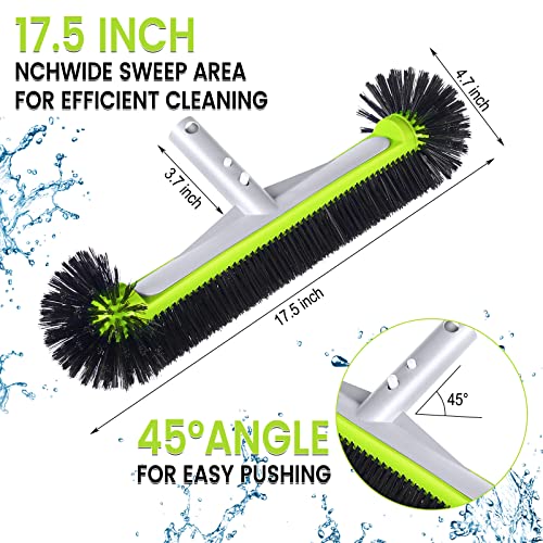 Swimming Pool Wall & Tile Brush, with Round Ends,17.5" Heavy Duty Aluminum Back Head for Cleans Walls, Tiles & Floors, 7 Rows Premium Nylon Bristles with EZ Clips (Green Black)