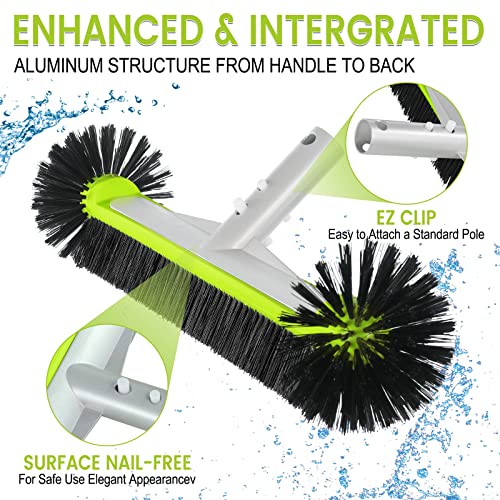 Swimming Pool Wall & Tile Brush, with Round Ends,17.5" Heavy Duty Aluminum Back Head for Cleans Walls, Tiles & Floors, 7 Rows Premium Nylon Bristles with EZ Clips (Green Black)